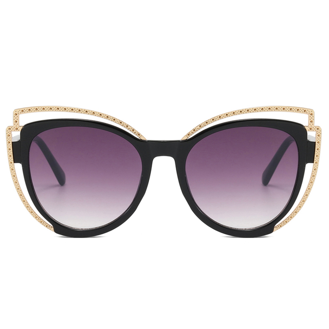83430 Forma de ojo de gato Marco delantero Decoración de metal de oro brillante Gafas de sol de mujeres